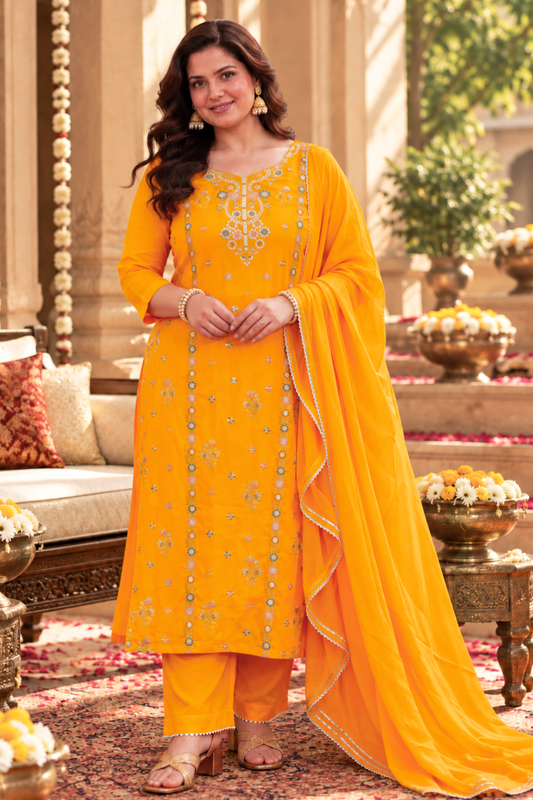 Amaltas Yellow Fancy Chinon Suit