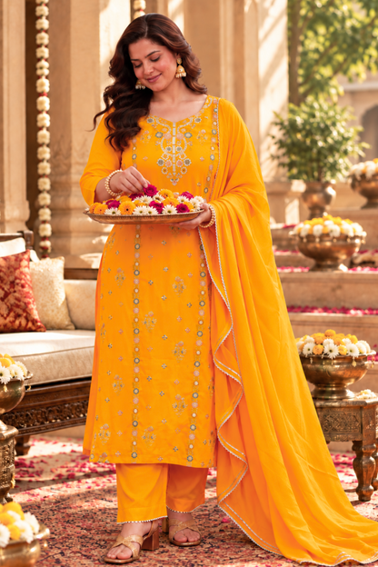 Amaltas Yellow Fancy Chinon Suit