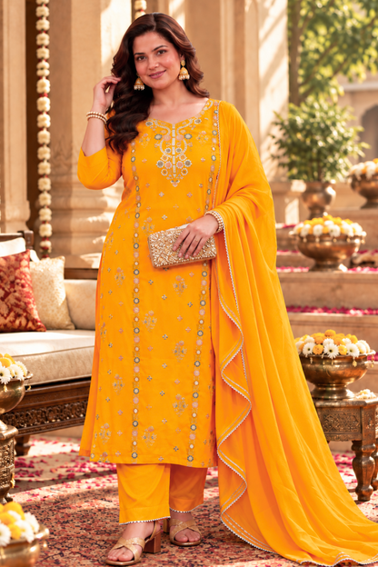 Amaltas Yellow Fancy Chinon Suit