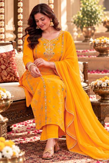 Amaltas Yellow Fancy Chinon Suit