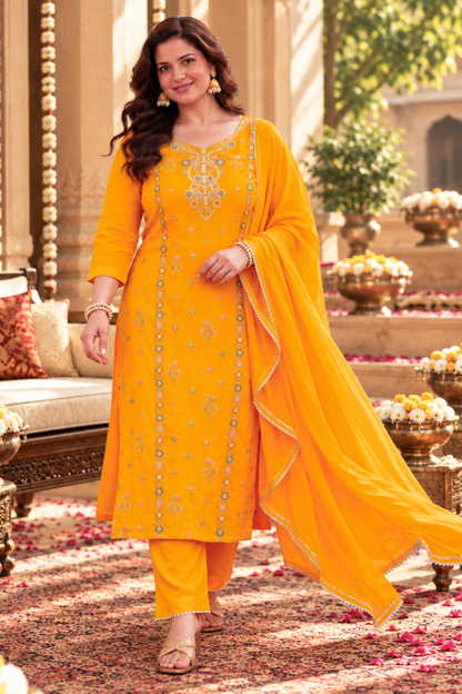 Amaltas Yellow Fancy Chinon Suit