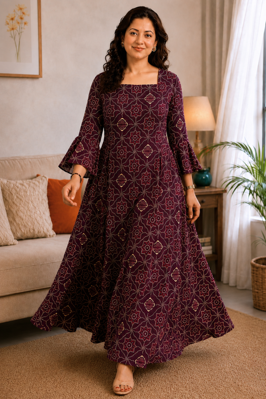 Amethyst Aura Foiled Rayon Dress With Pockets