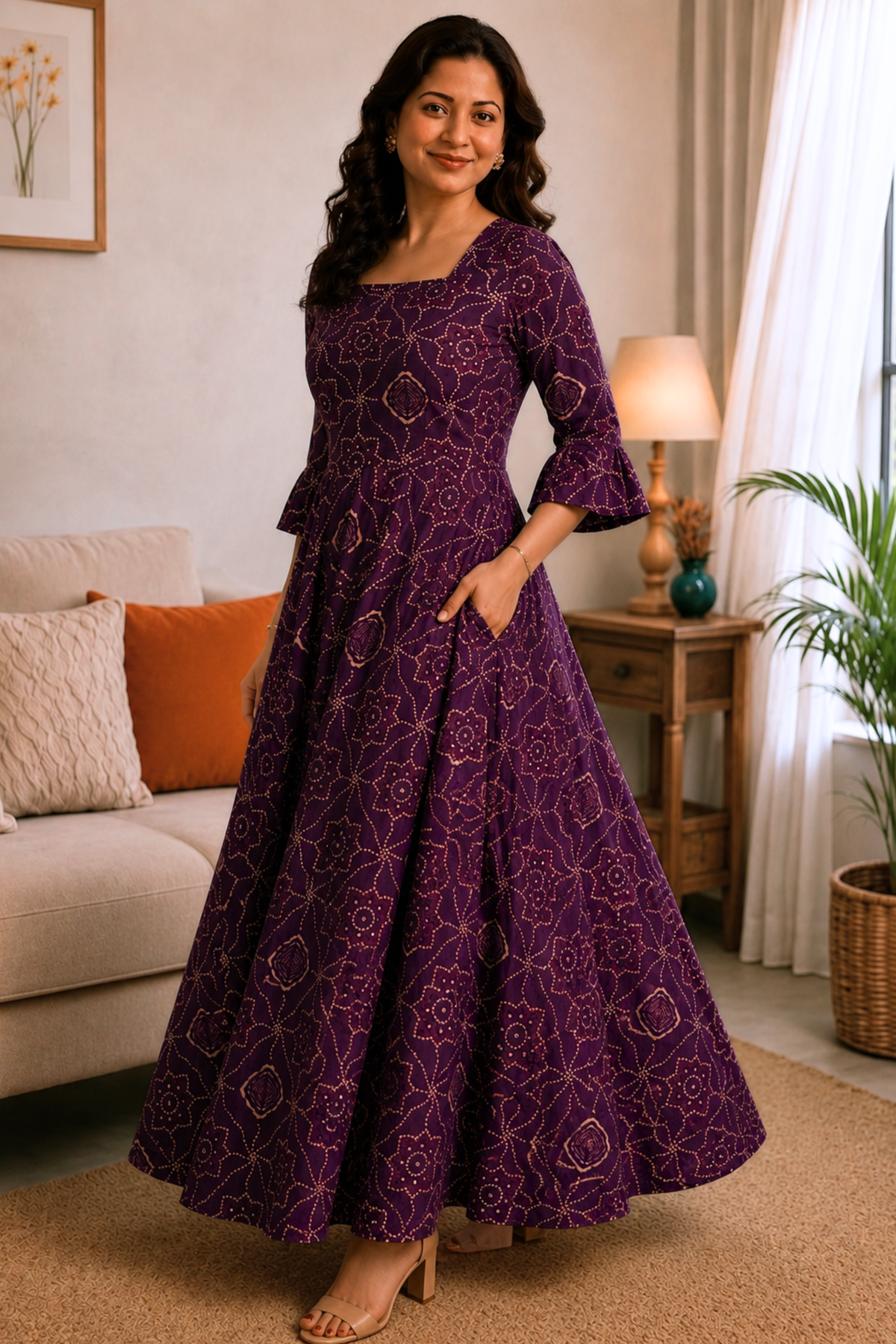 Amethyst Aura Foiled Rayon Dress With Pockets