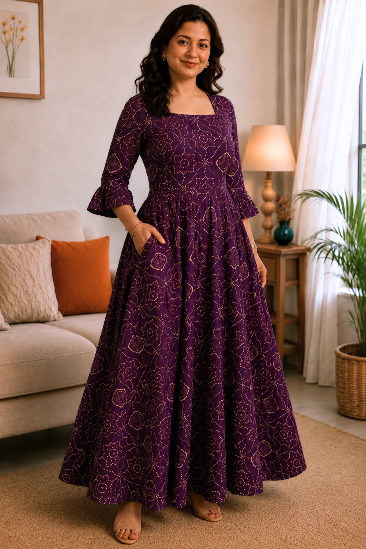 Amethyst Aura Foiled Rayon Dress With Pockets
