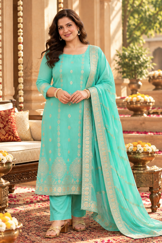 Anaaya Aqua Jacquard Silk Suit