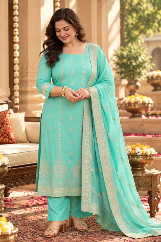 Anaaya Aqua Jacquard Silk Suit