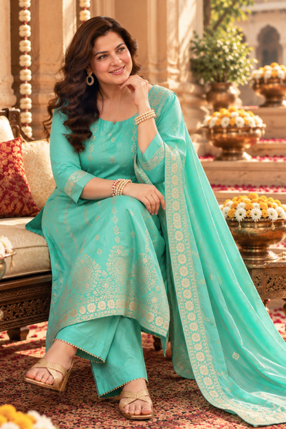 Anaaya Aqua Jacquard Silk Suit