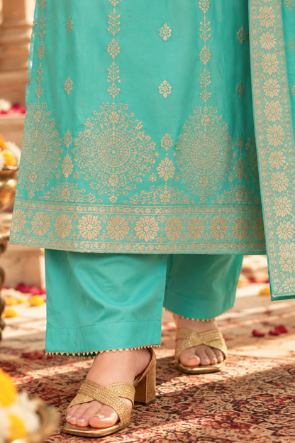 Anaaya Aqua Jacquard Silk Suit