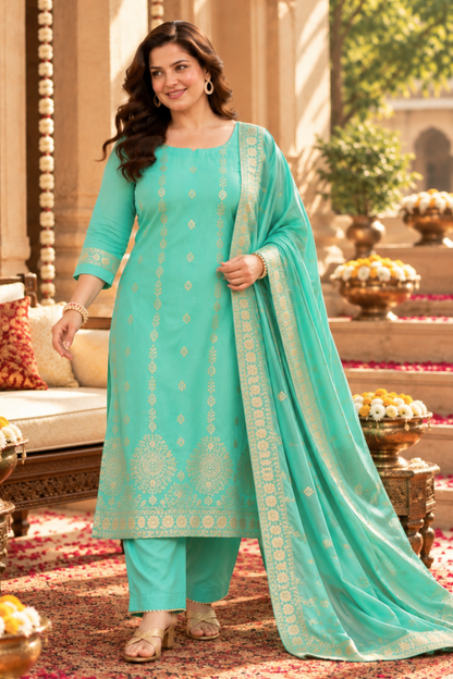 Anaaya Aqua Jacquard Silk Suit