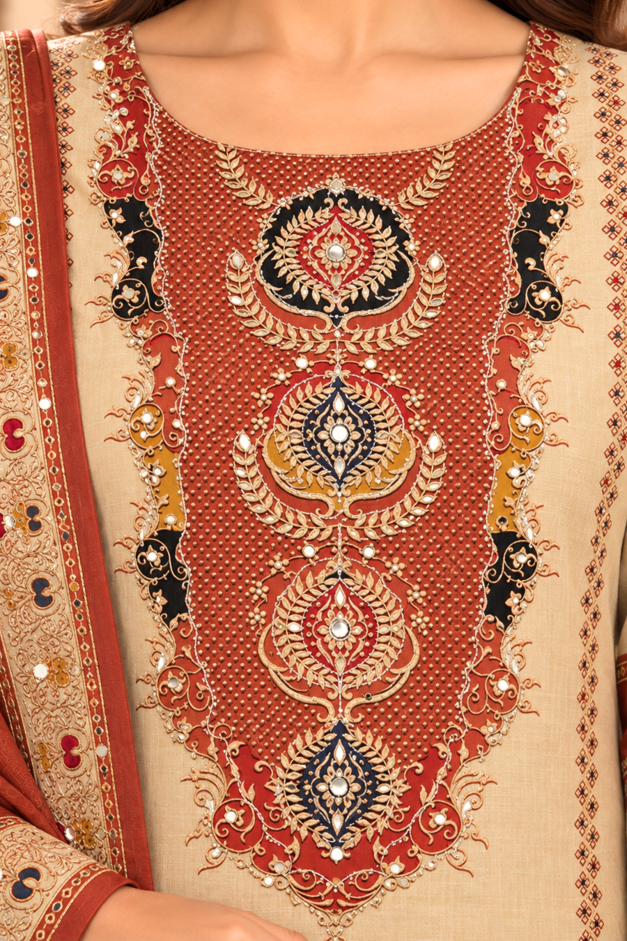 Seher Karachi Muslin Suit With Mirror Work