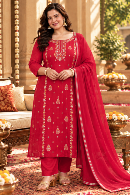 Anunika Red Fancy Chinon Suit