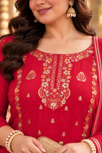 Anunika Red Fancy Chinon Suit