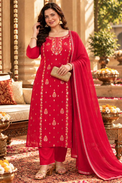 Anunika Red Fancy Chinon Suit