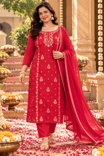 Anunika Red Fancy Chinon Suit
