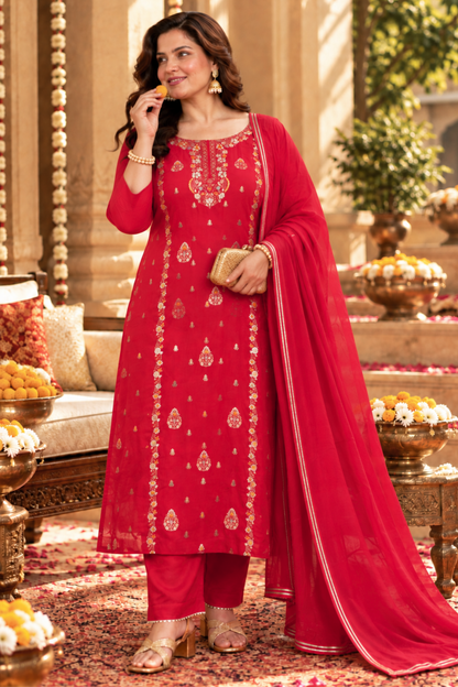 Anunika Red Fancy Chinon Suit
