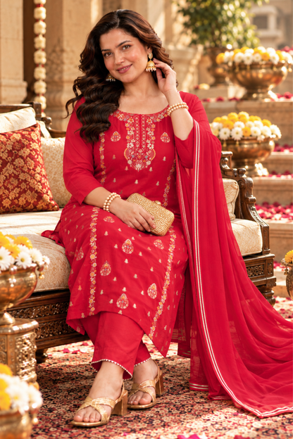 Anunika Red Fancy Chinon Suit