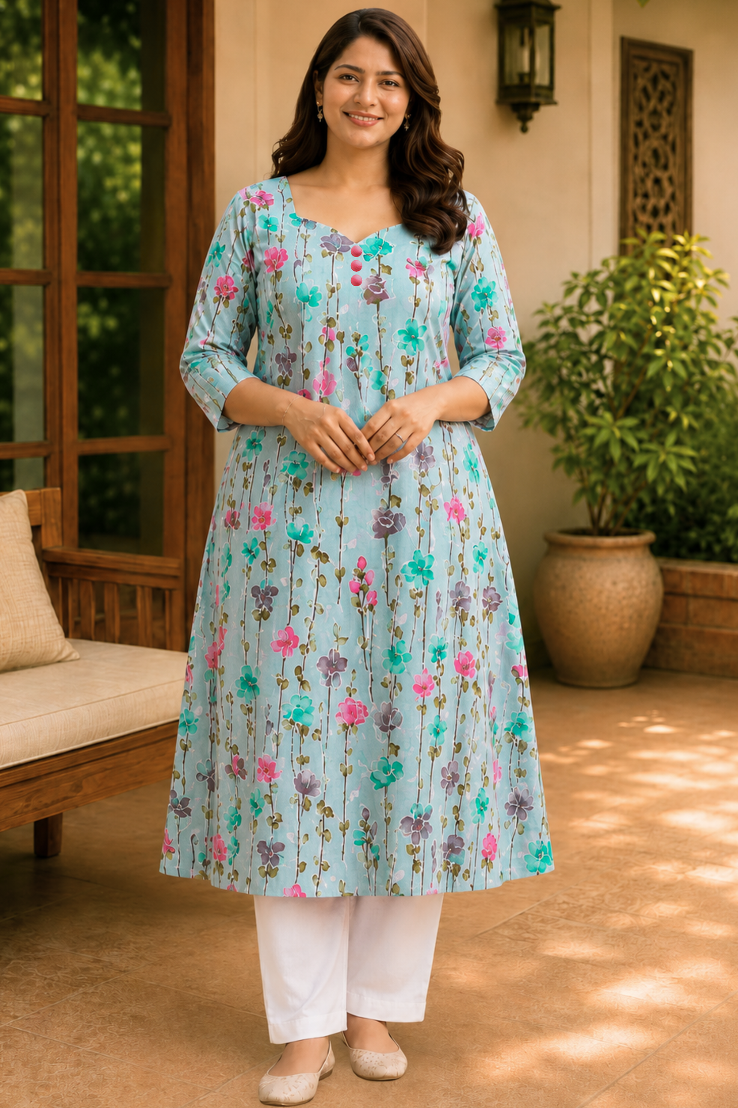 Aqua Blossom Cotton A-Line Kurta