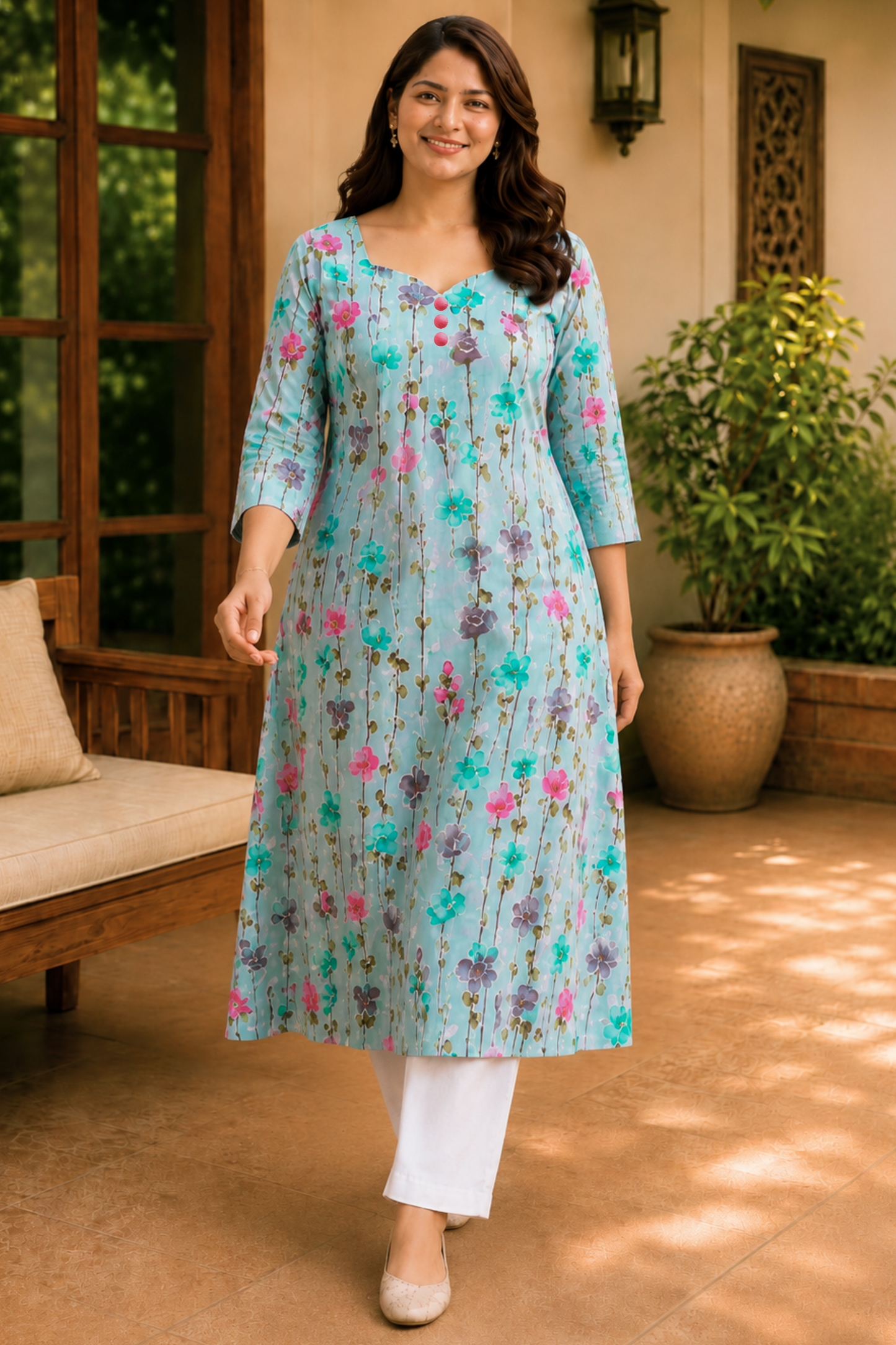 Aqua Blossom Cotton A-Line Kurta