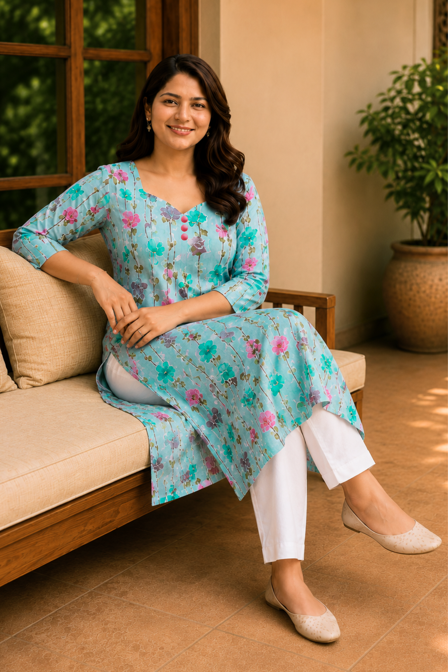 Aqua Blossom Cotton A-Line Kurta