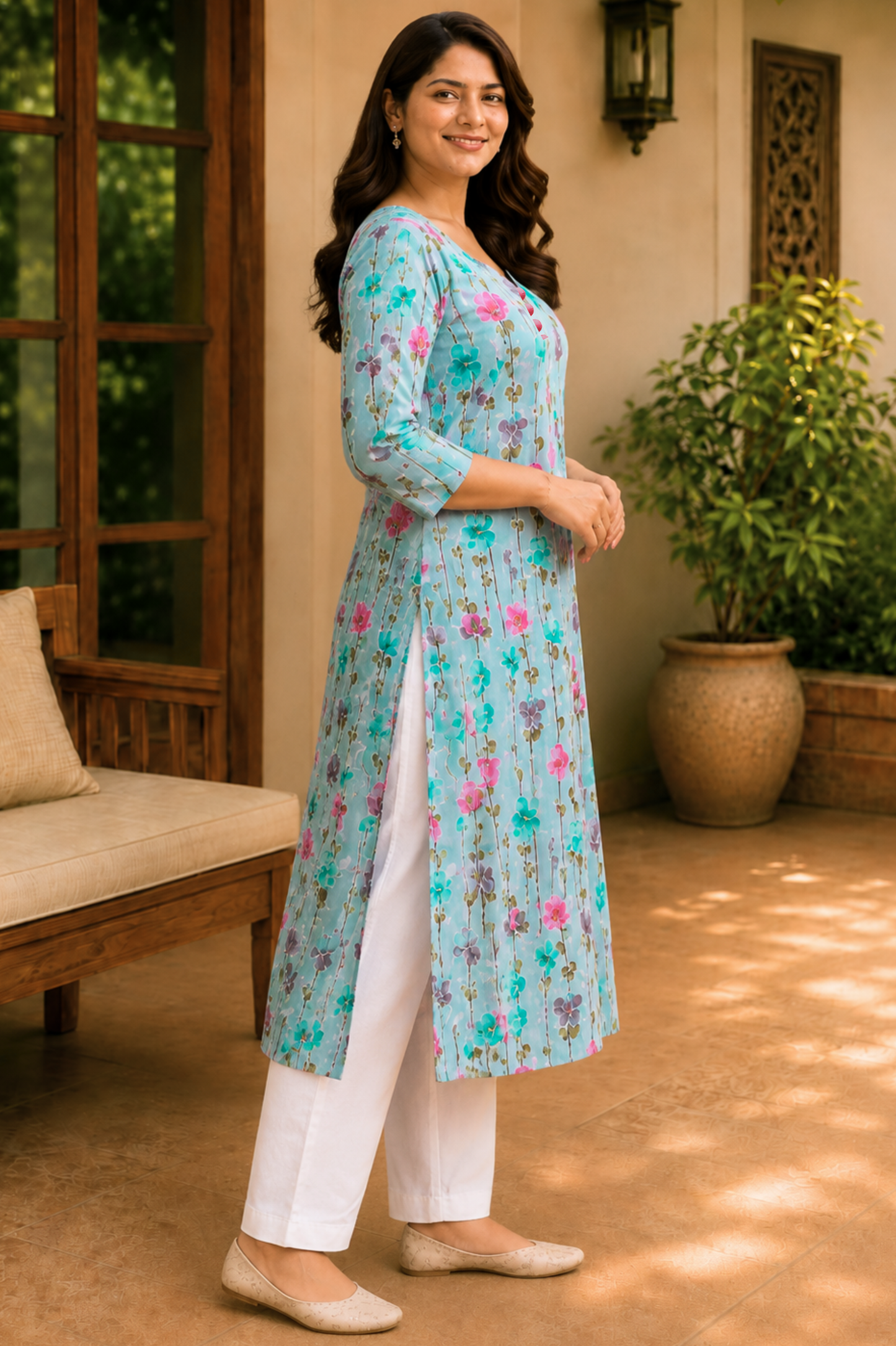 Aqua Blossom Cotton A-Line Kurta