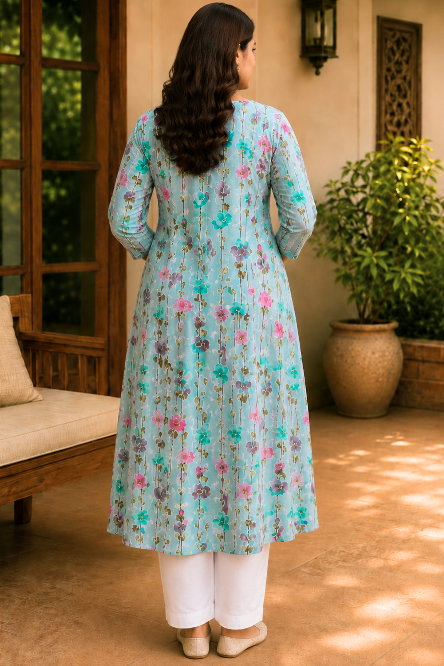 Aqua Blossom Cotton A-Line Kurta