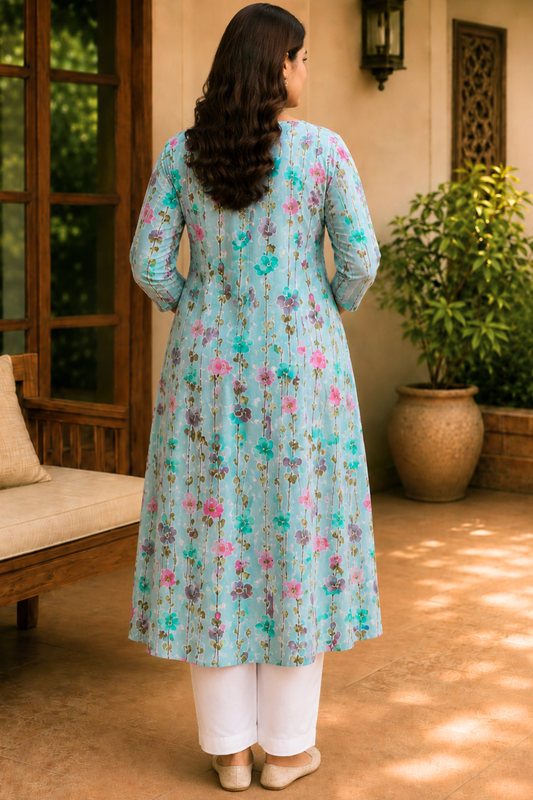 Aqua Blossom Cotton A-Line Kurta