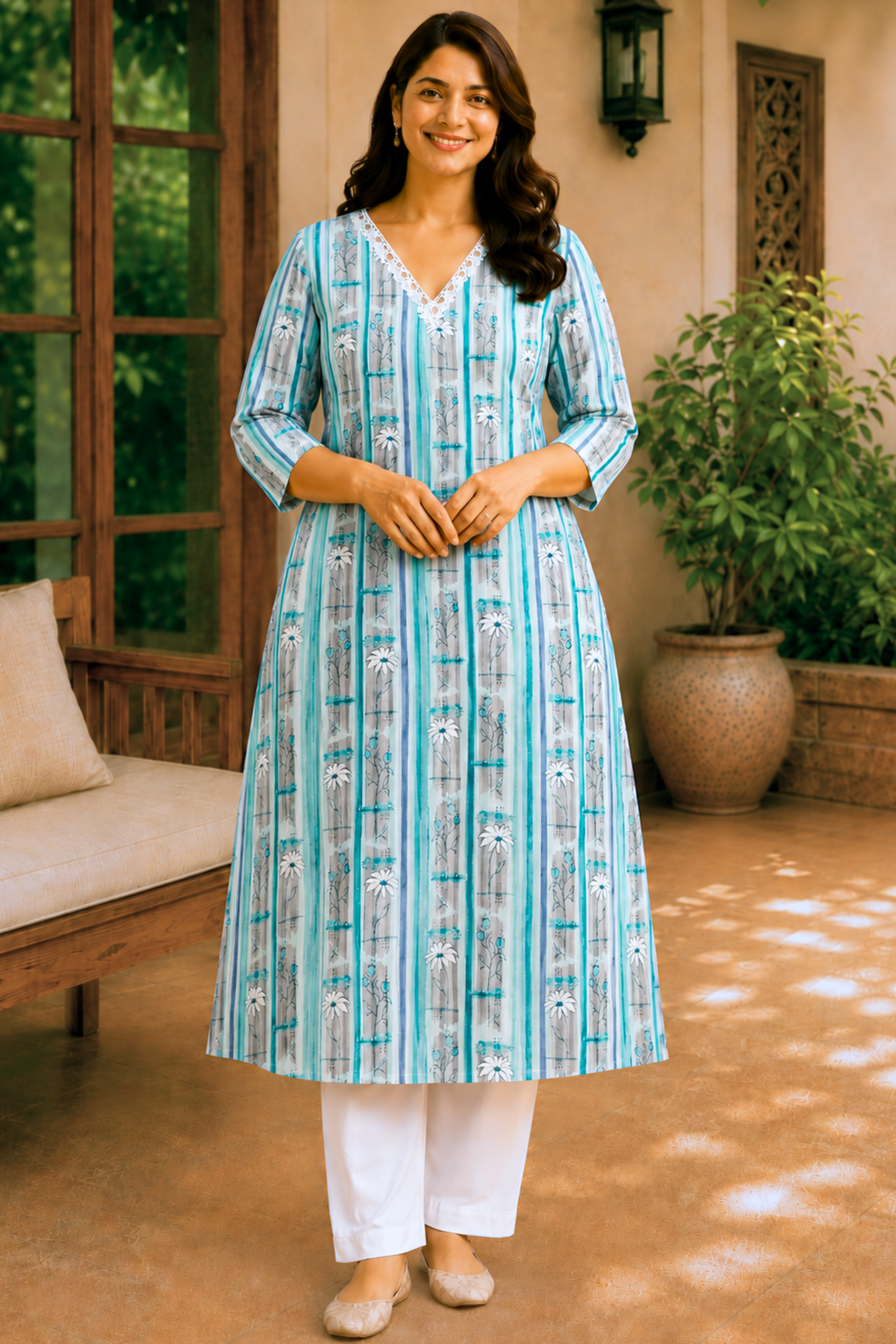 Aqua Fleur Cotton A-Line Kurta