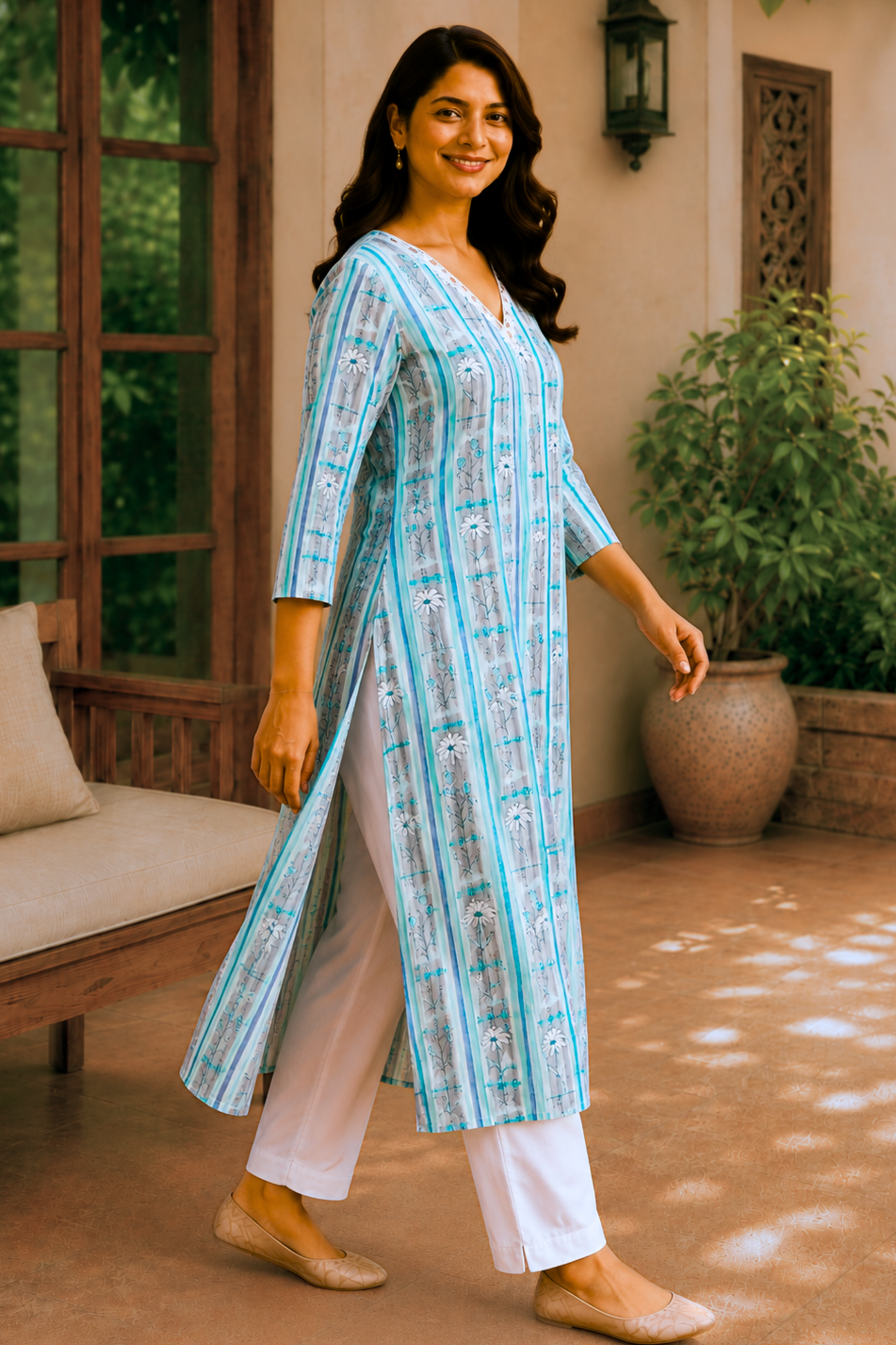 Aqua Fleur Cotton A-Line Kurta