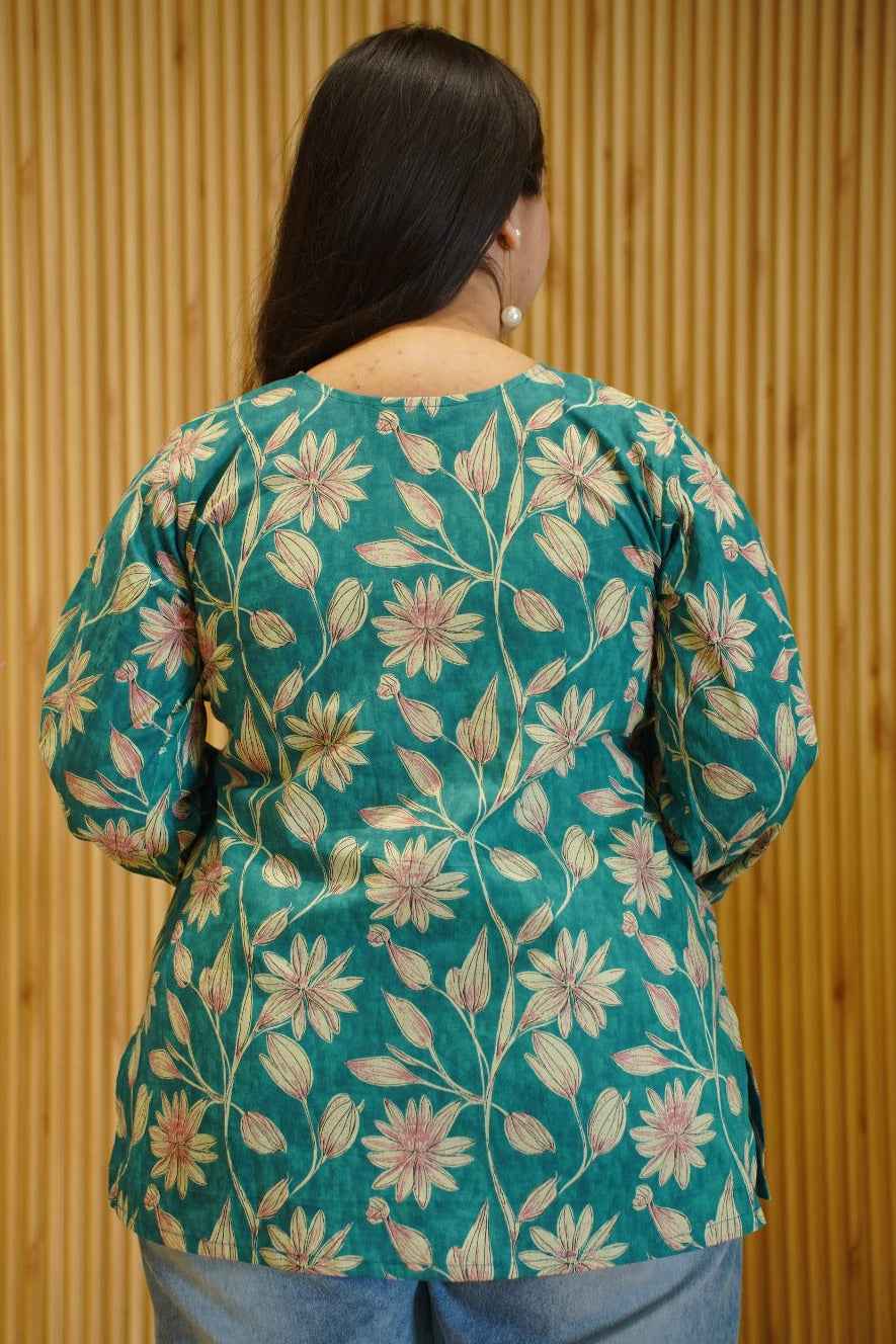 Aqua Green Block Printed Cotton Top