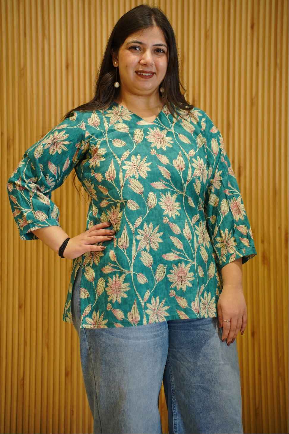 Aqua Green Block Printed Cotton Top