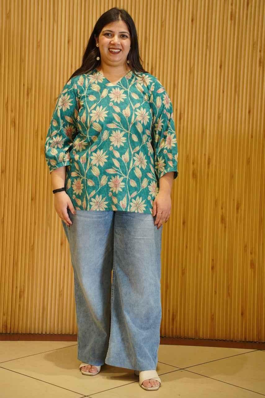 Aqua Green Block Printed Cotton Top