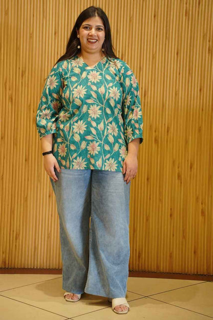 Aqua Green Block Printed Cotton Top