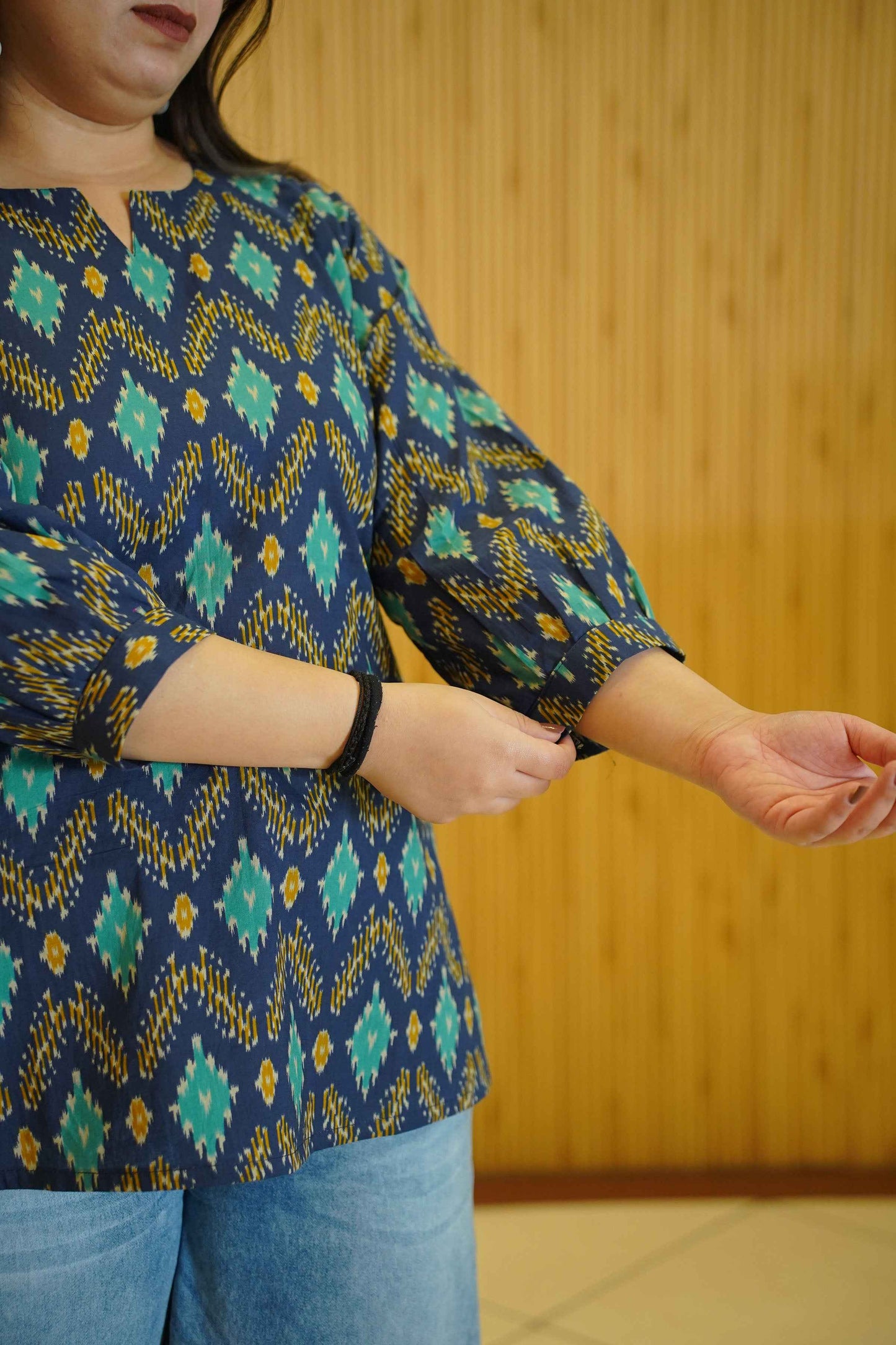 Aqua Indigo Ikat Printed Cotton Top