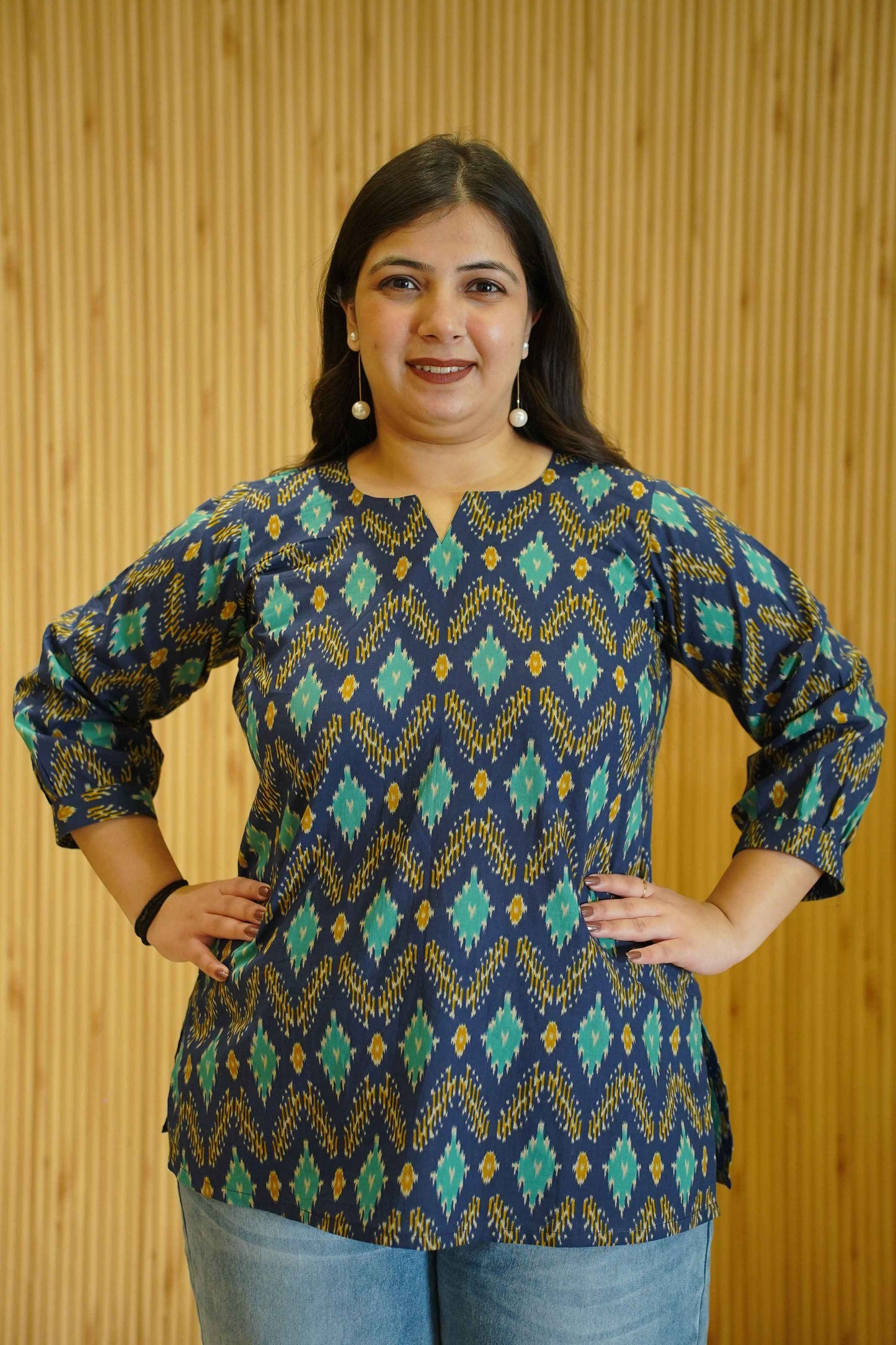 Aqua Indigo Ikat Printed Cotton Top
