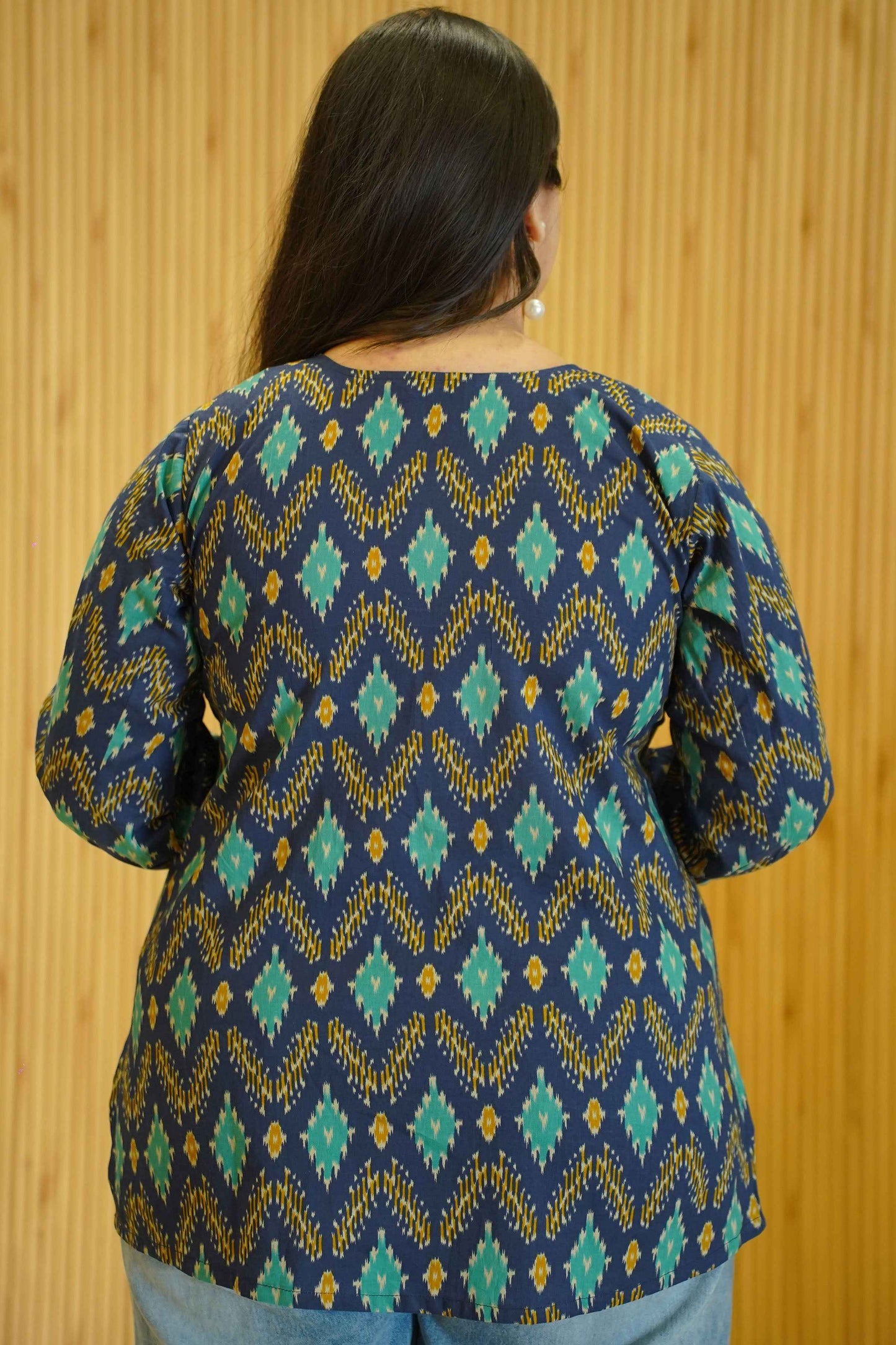 Aqua Indigo Ikat Printed Cotton Top