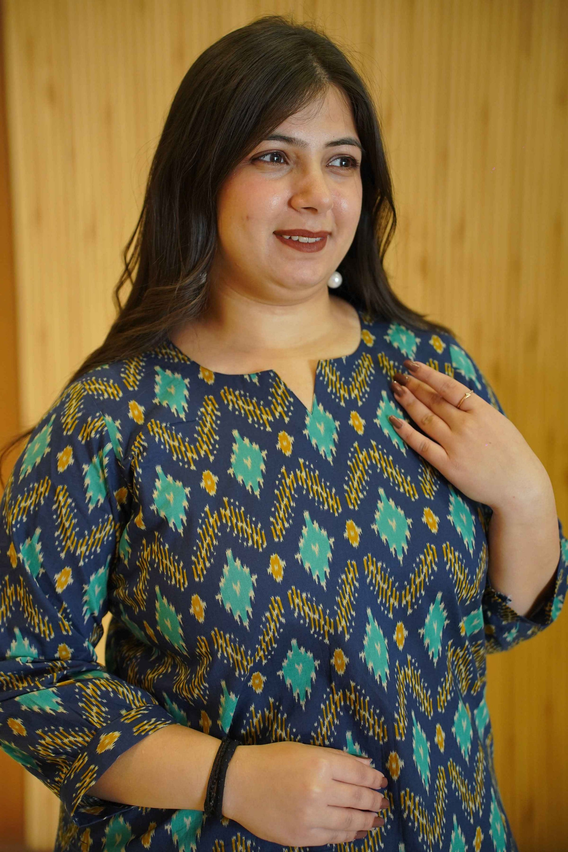 Aqua Indigo Ikat Printed Cotton Top