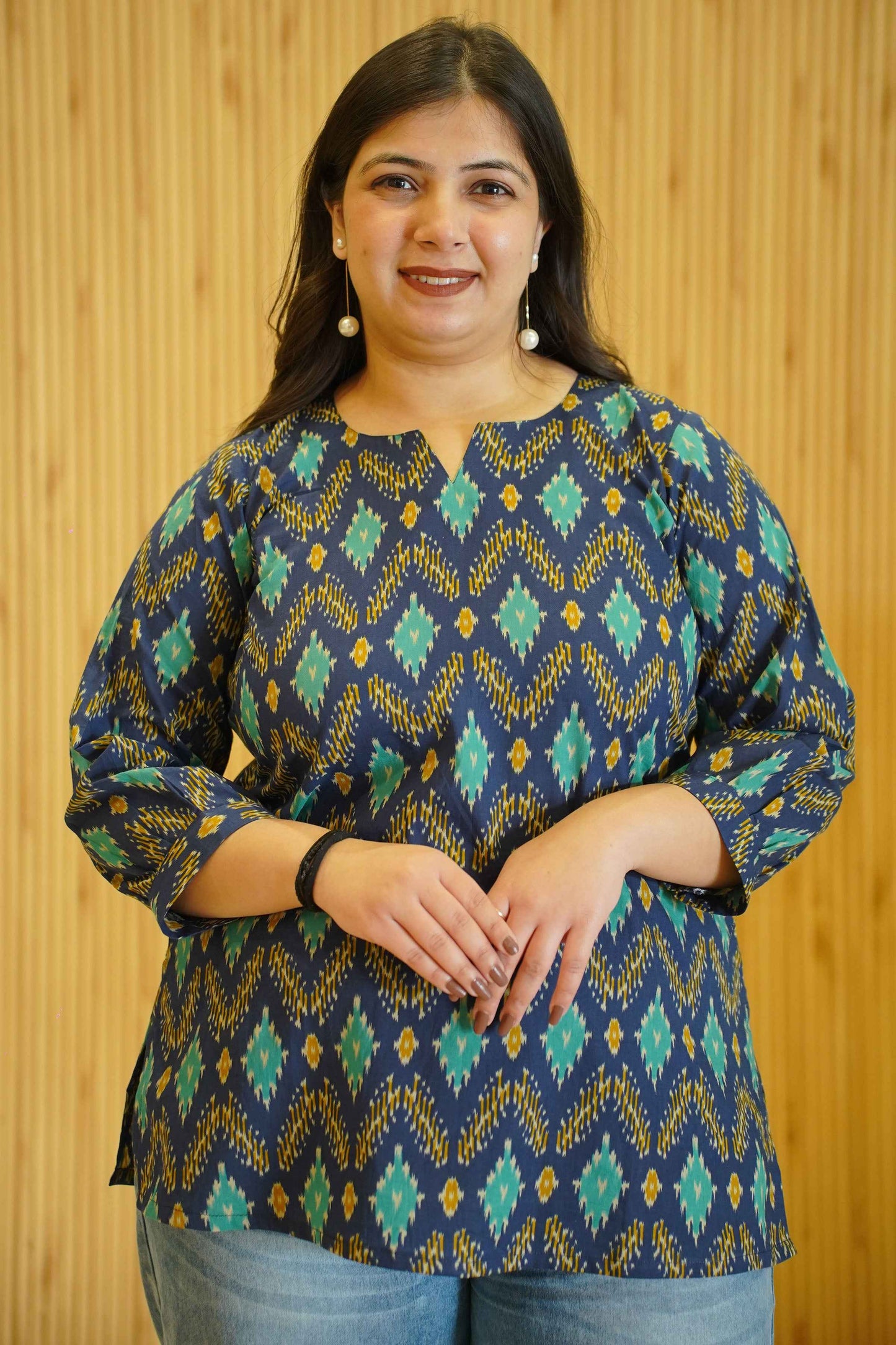 Aqua Indigo Ikat Printed Cotton Top
