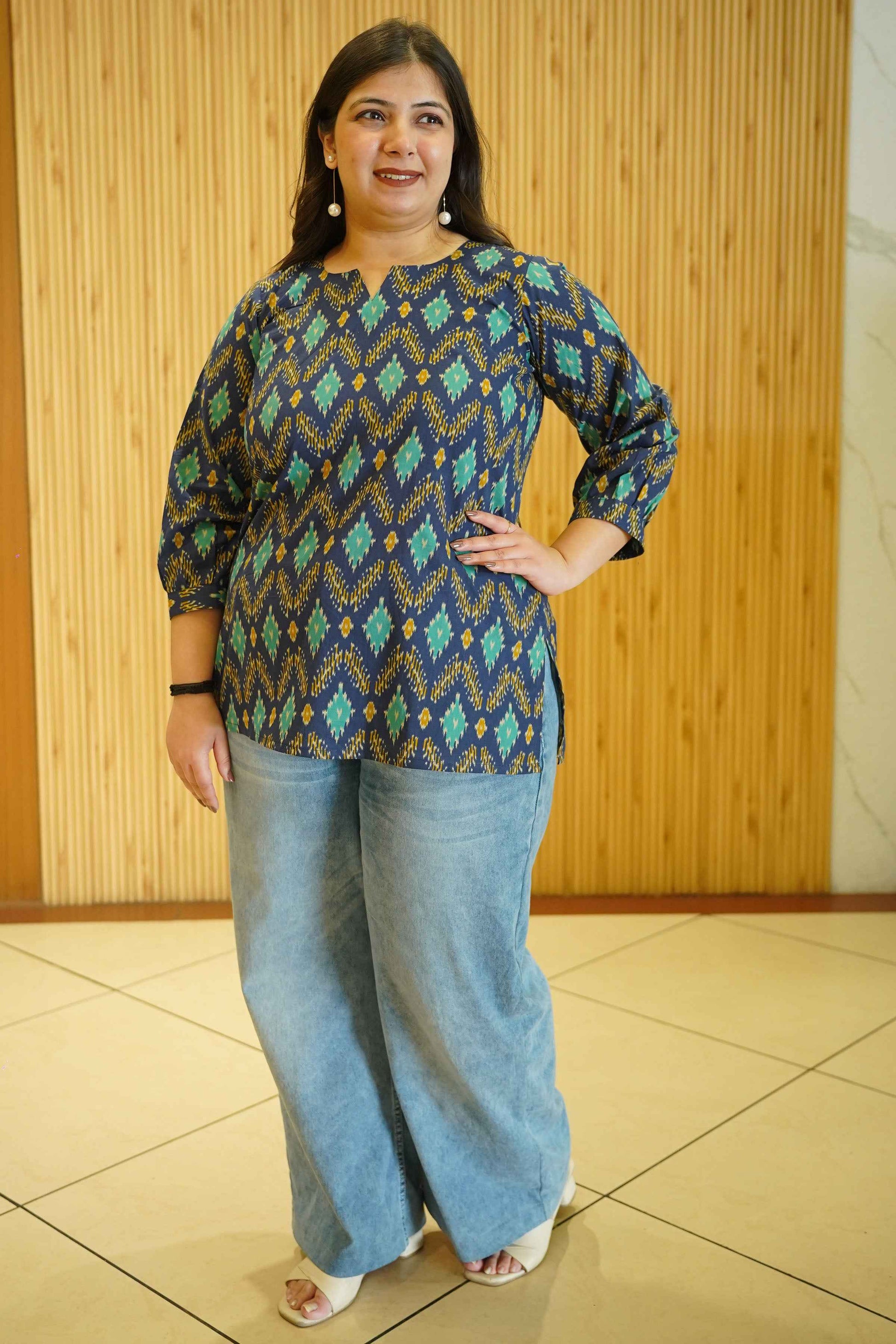 Aqua Indigo Ikat Printed Cotton Top