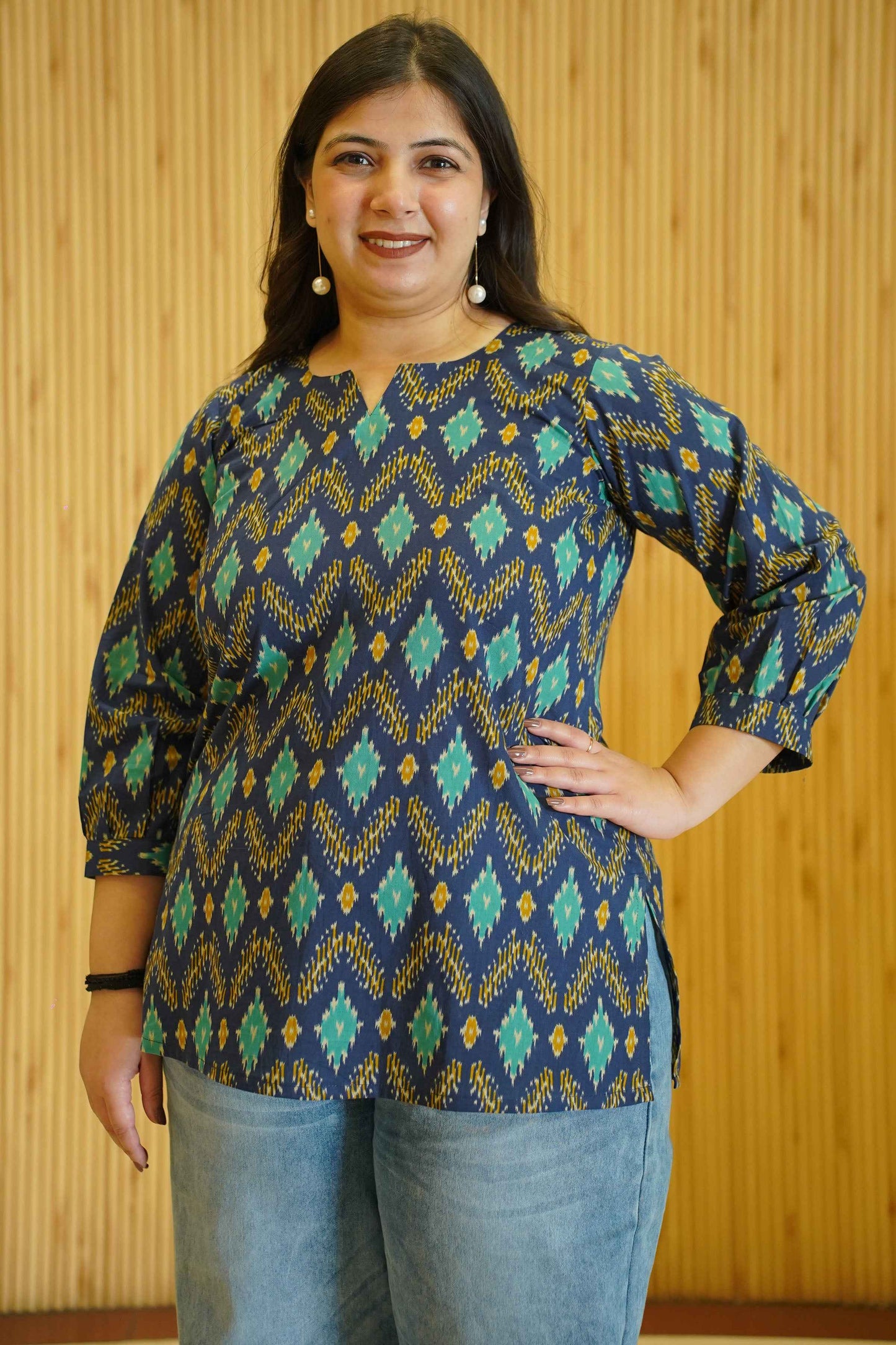 Aqua Indigo Ikat Printed Cotton Top