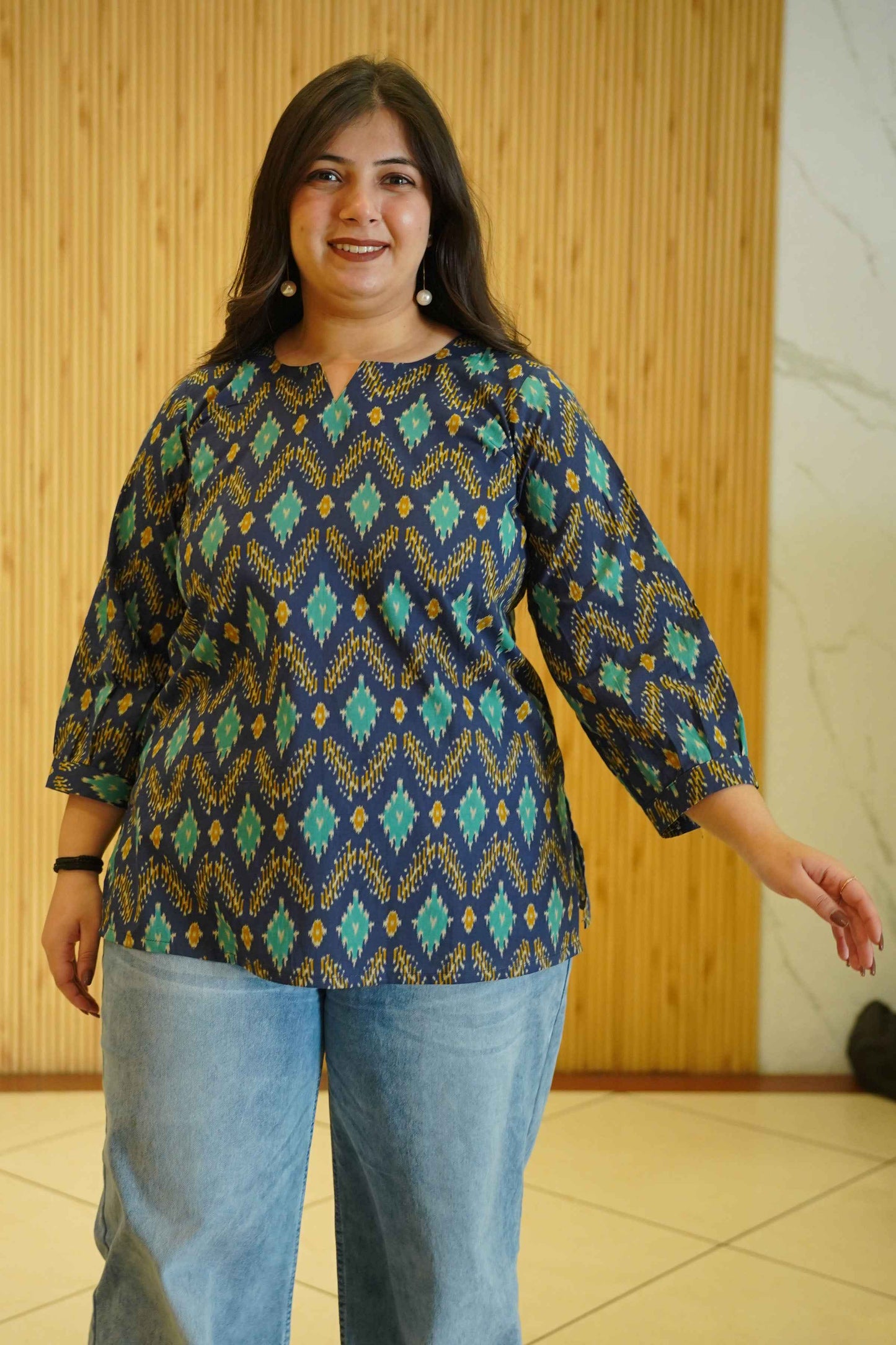 Aqua Indigo Ikat Printed Cotton Top