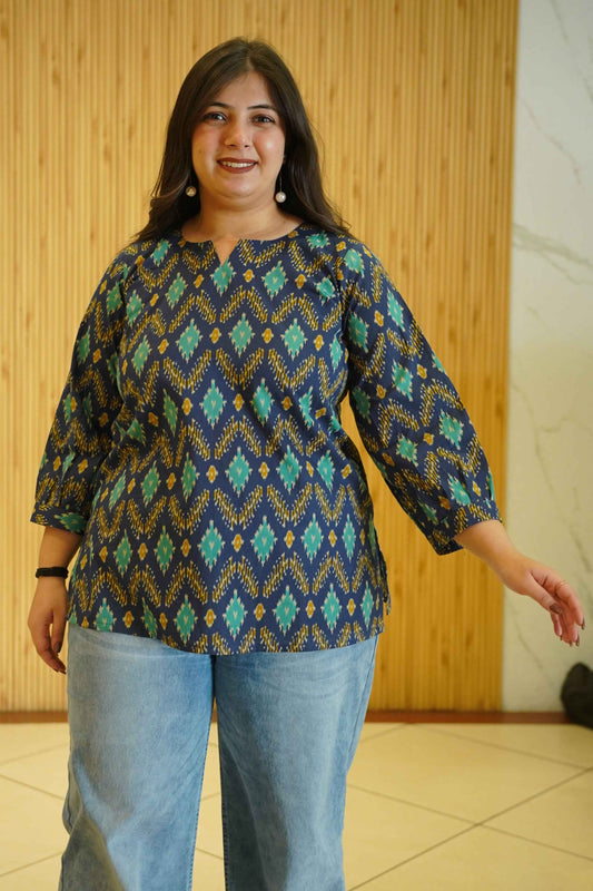 Aqua Indigo Ikat Printed Cotton Top