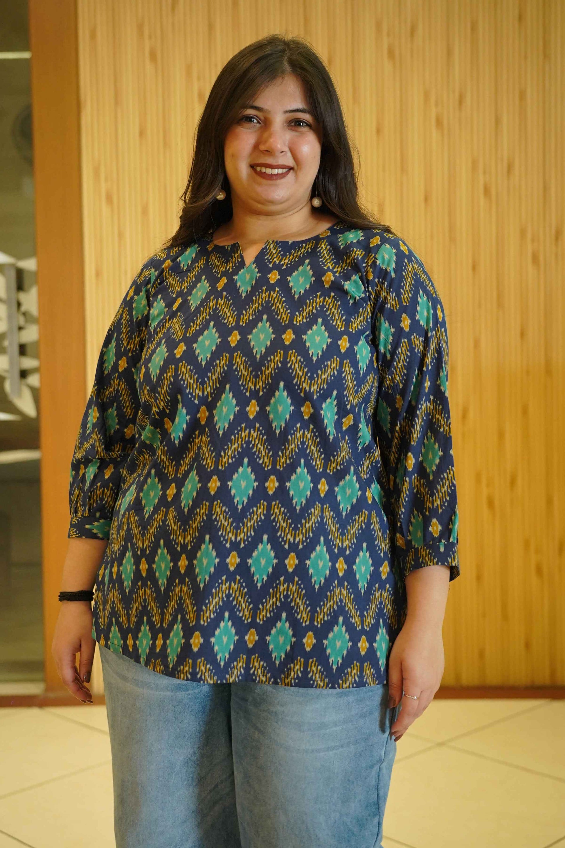 Aqua Indigo Ikat Printed Cotton Top