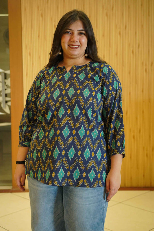 Aqua Indigo Ikat Printed Cotton Top