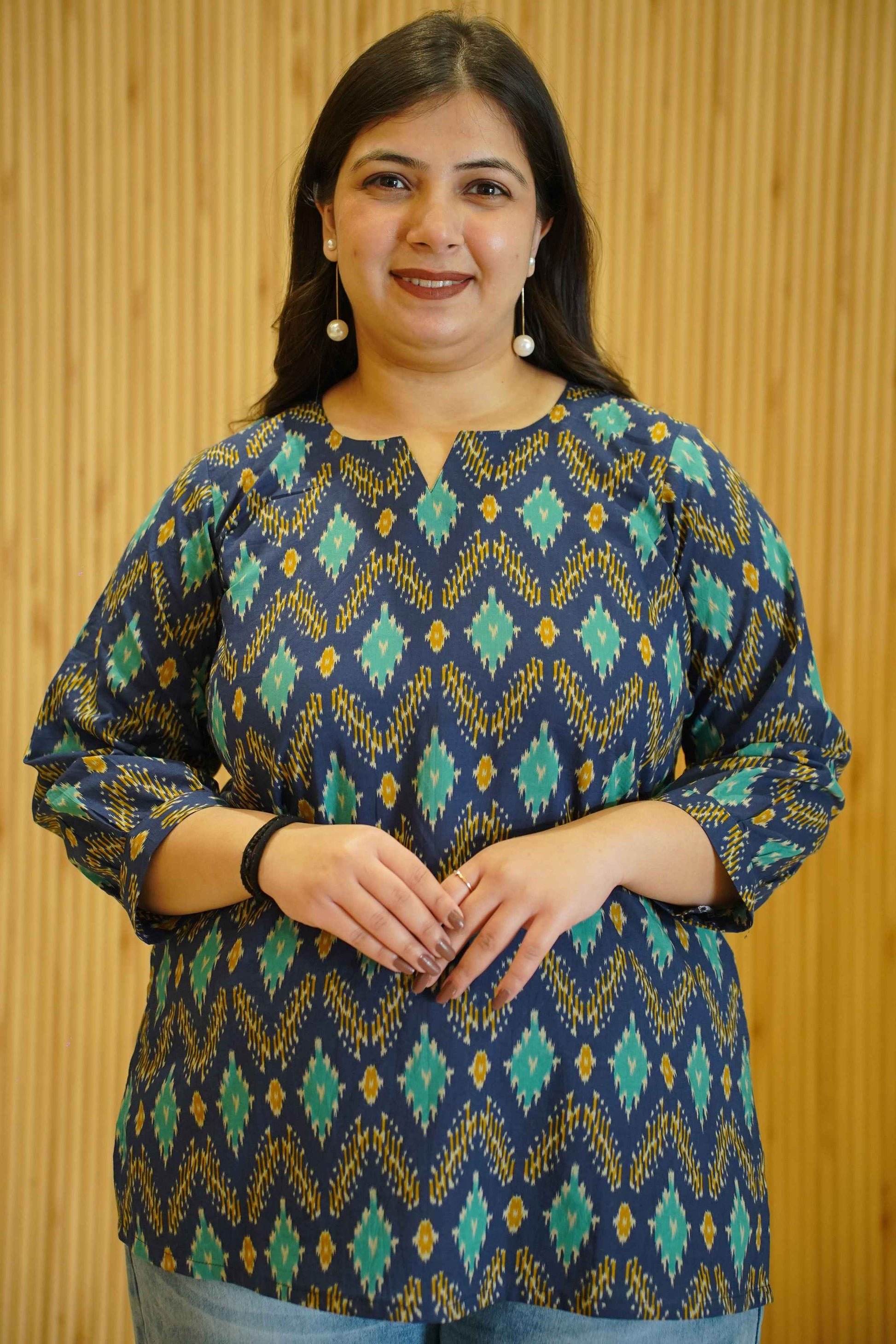 Aqua Indigo Ikat Printed Cotton Top