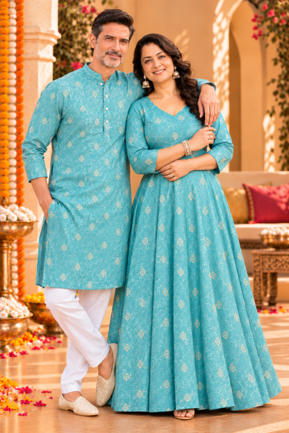 Aqua Treasure Foiled Muslin Couple Outfit