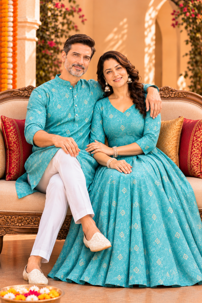 Aqua Treasure Foiled Muslin Couple Outfit