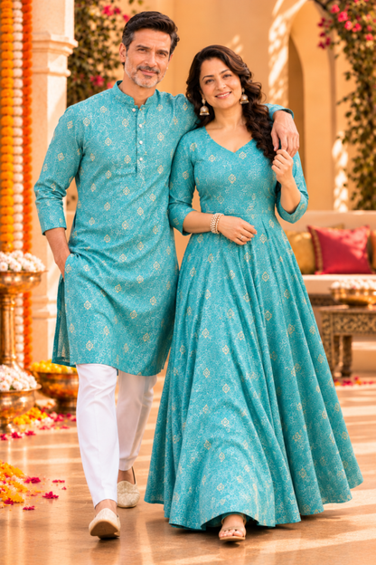Aqua Treasure Foiled Muslin Couple Outfit
