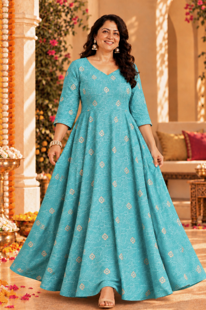 Aqua Treasure Foiled Muslin Dress