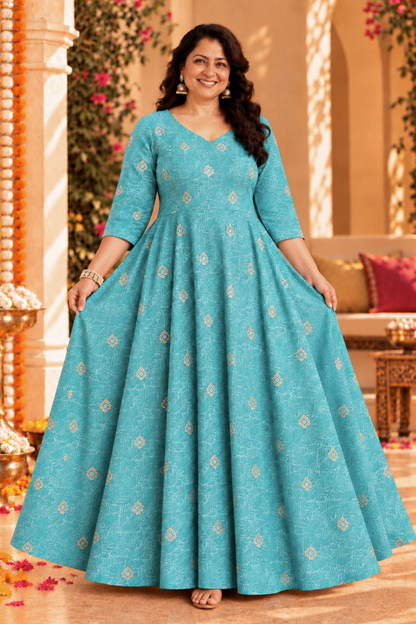 Aqua Treasure Foiled Muslin Dress