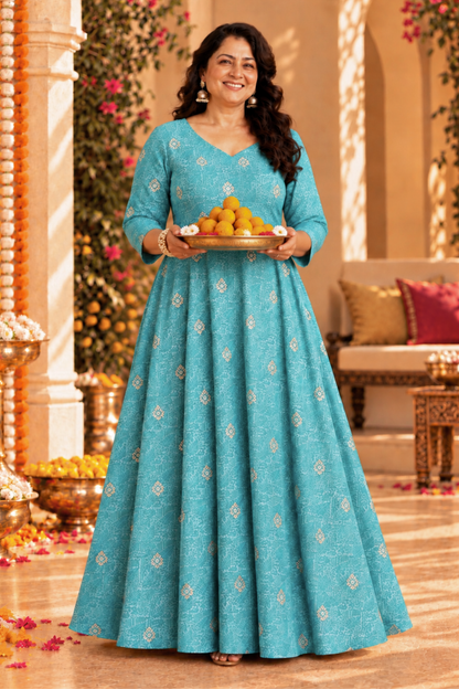 Aqua Treasure Foiled Muslin Dress